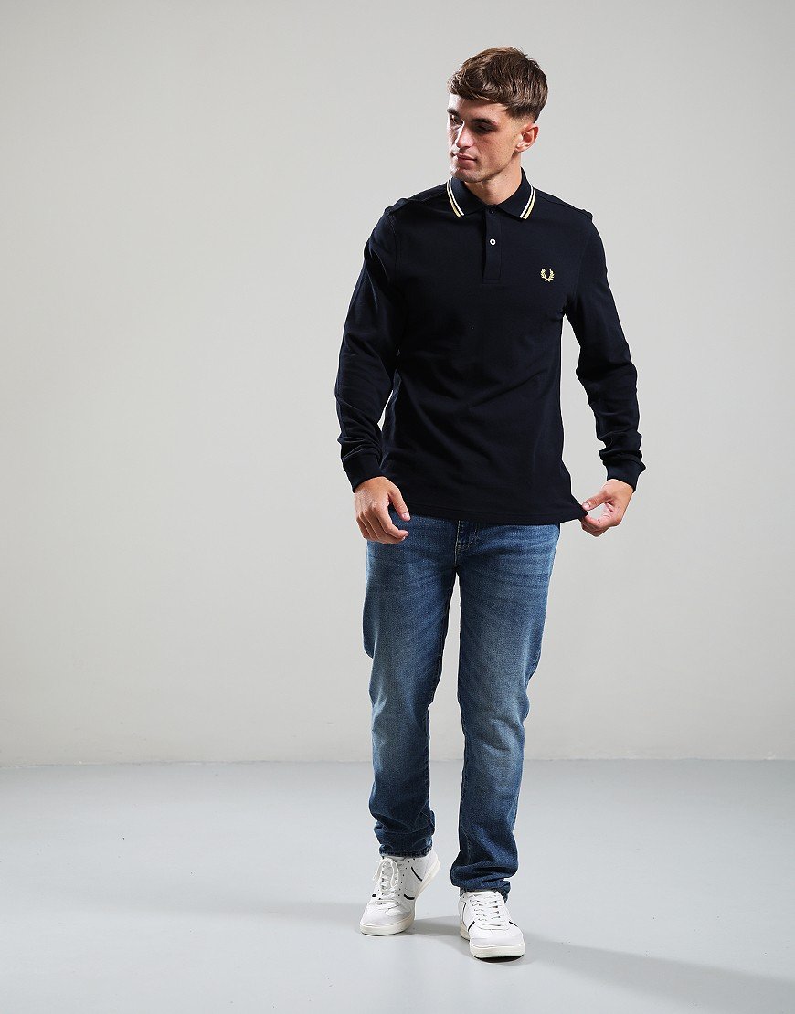 Fred Perry Long Sleeve Twin Tipped Polo Shirt Navy/Ecru/Honeycomb