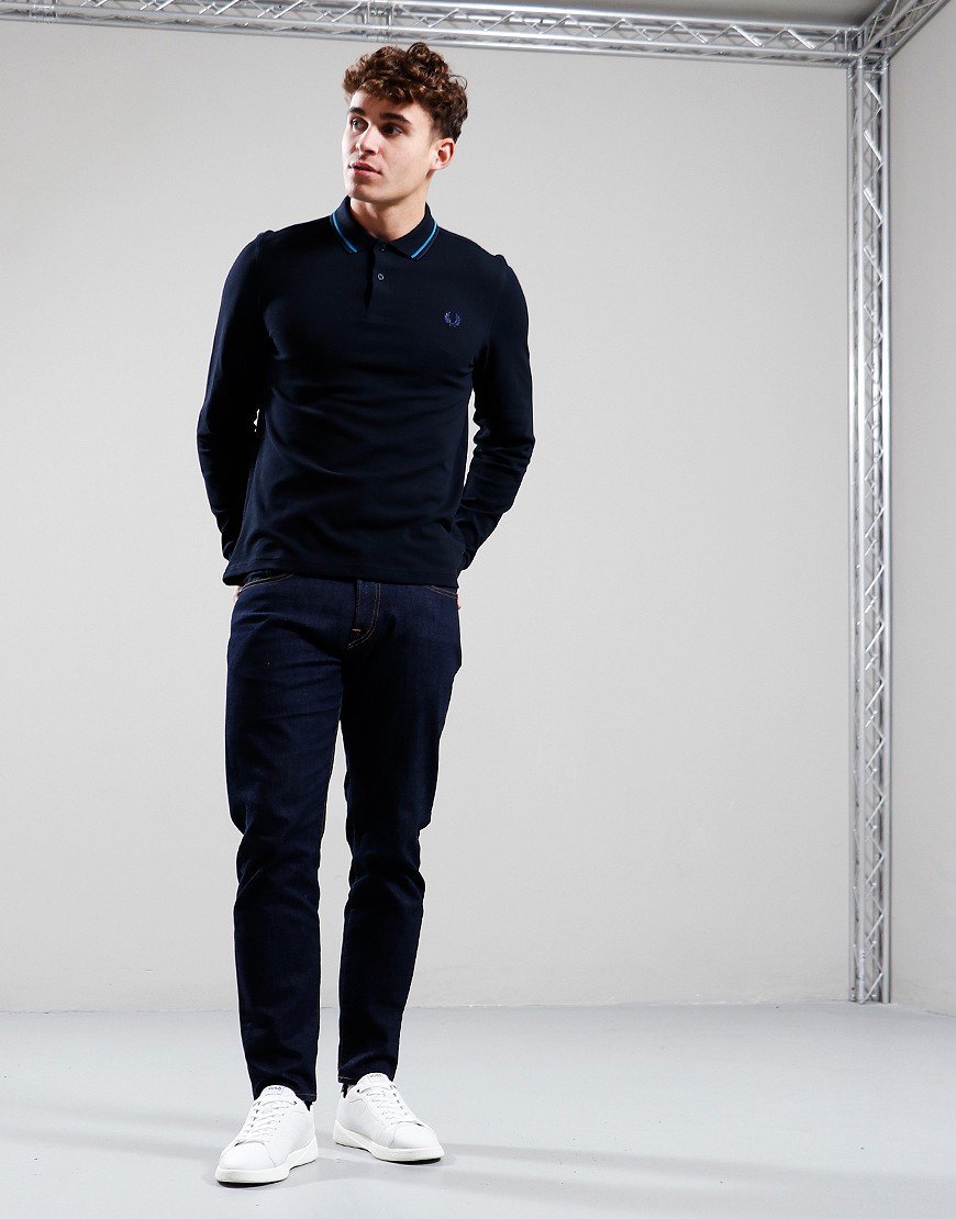 Fred Perry Long Sleeve Twin Tipped Polo Shirt Navy/Ocean/Dark Carbon