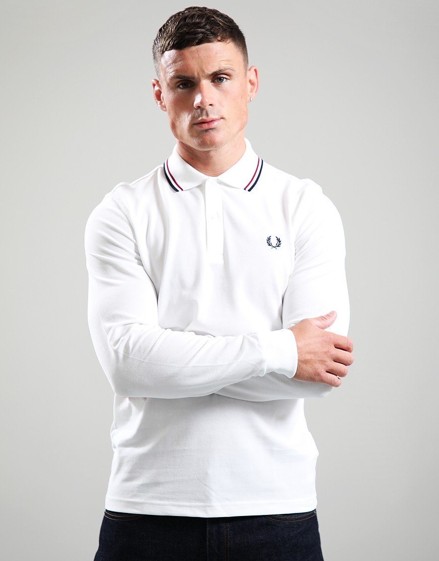 Fred Perry Long Sleeve Twin Tip Polo Shirt Snow White/Red/Navy