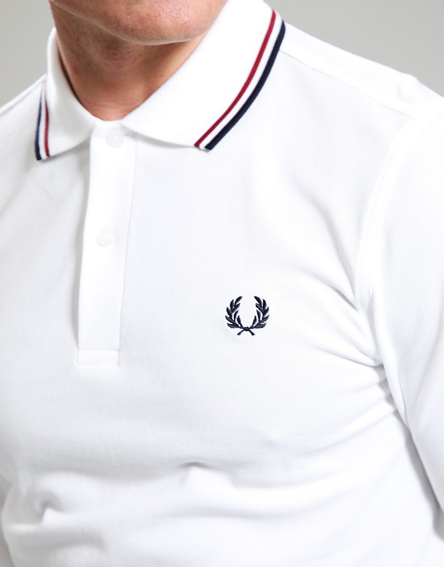 Fred Perry Long Sleeve Twin Tip Polo Shirt Snow White/Red/Navy