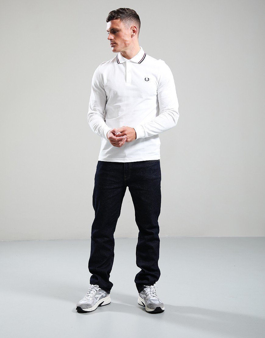 Fred Perry Long Sleeve Twin Tip Polo Shirt Snow White/Red/Navy