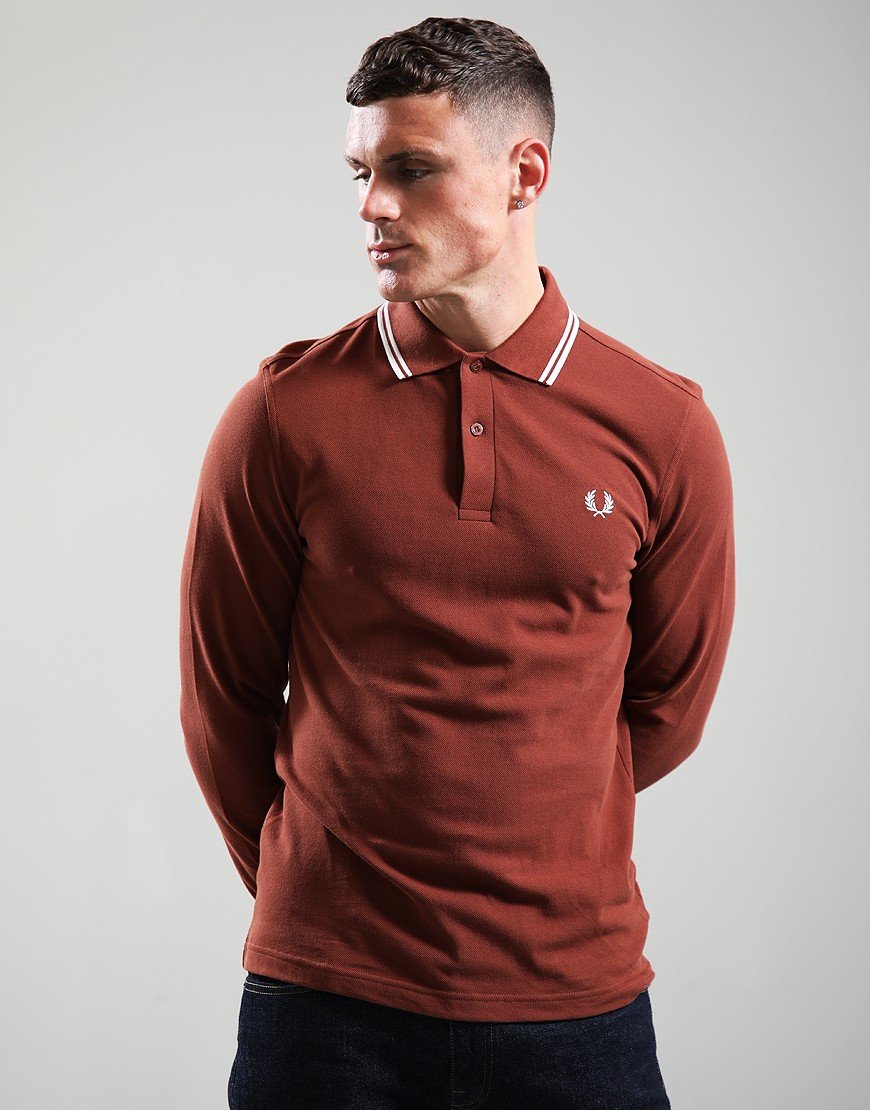 Fred Perry Long Sleeve Twin Tip Polo Shirt Whiskey Brown/Ecru