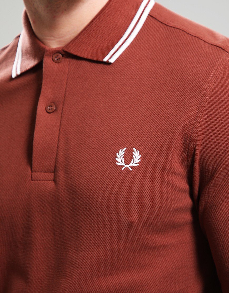 Fred Perry Long Sleeve Twin Tip Polo Shirt Whiskey Brown/Ecru