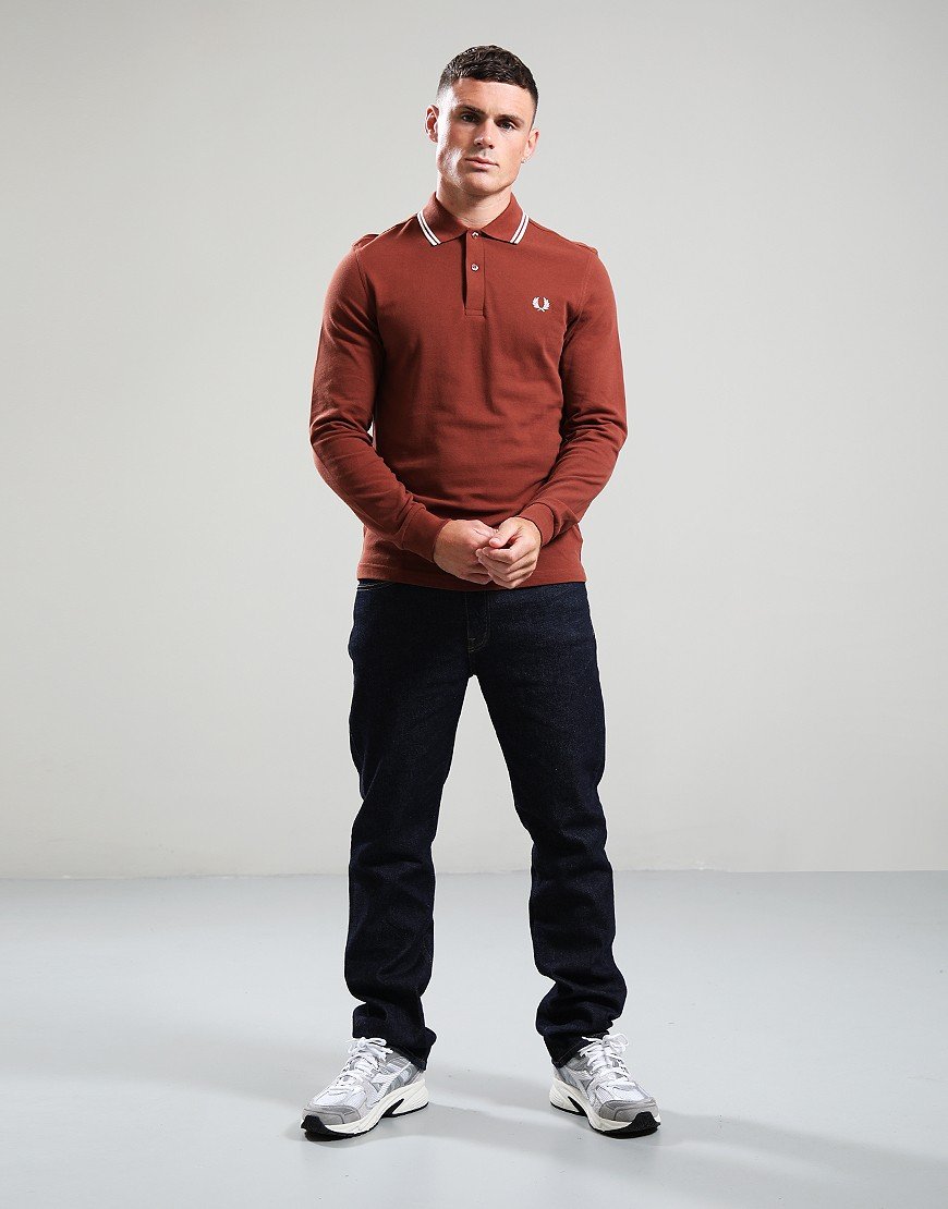 Fred Perry Long Sleeve Twin Tip Polo Shirt Whiskey Brown/Ecru