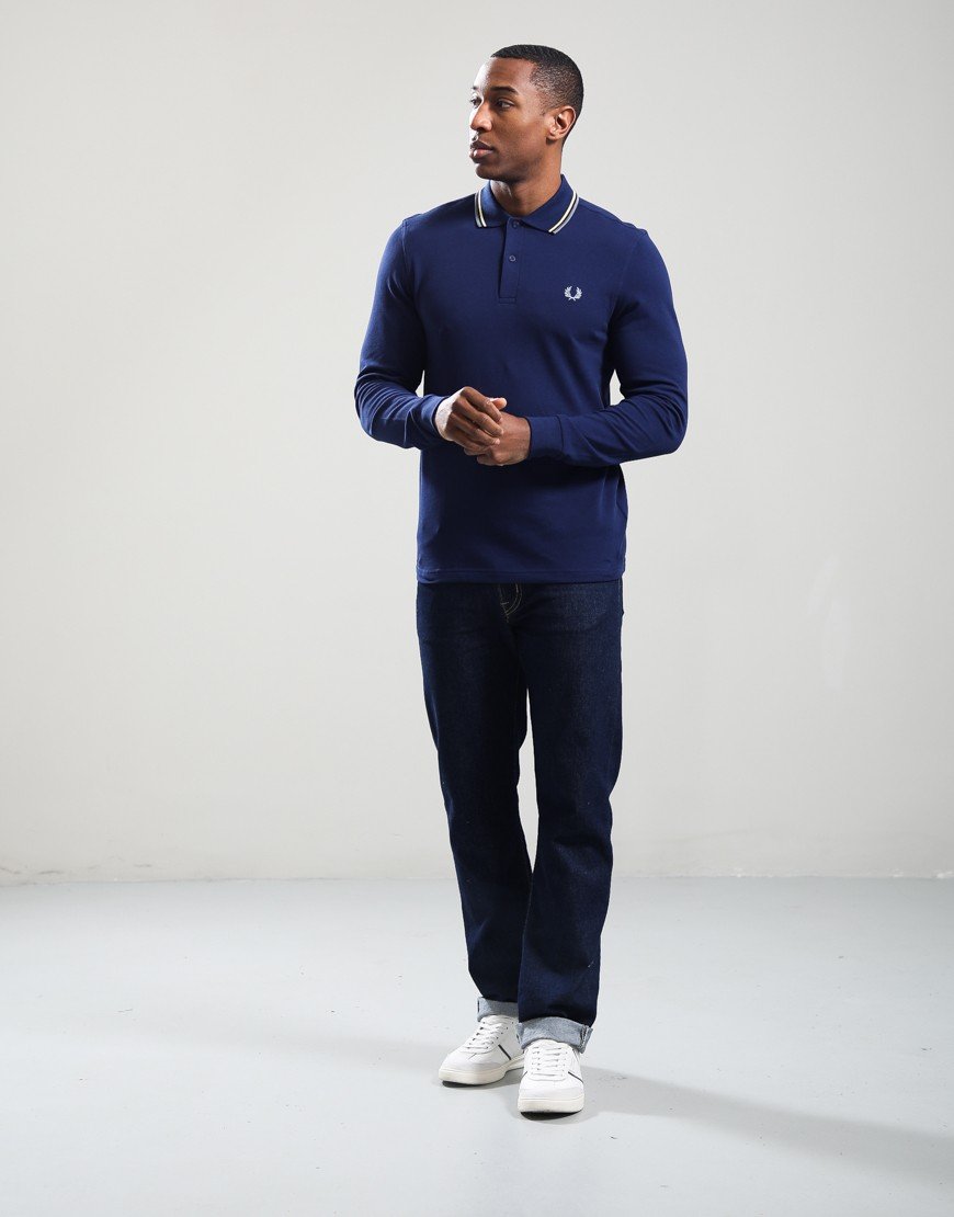 Fred Perry Long Sleeve Twin Tipped Polo Shirt French Navy/Champion Gold/Stockport Blue