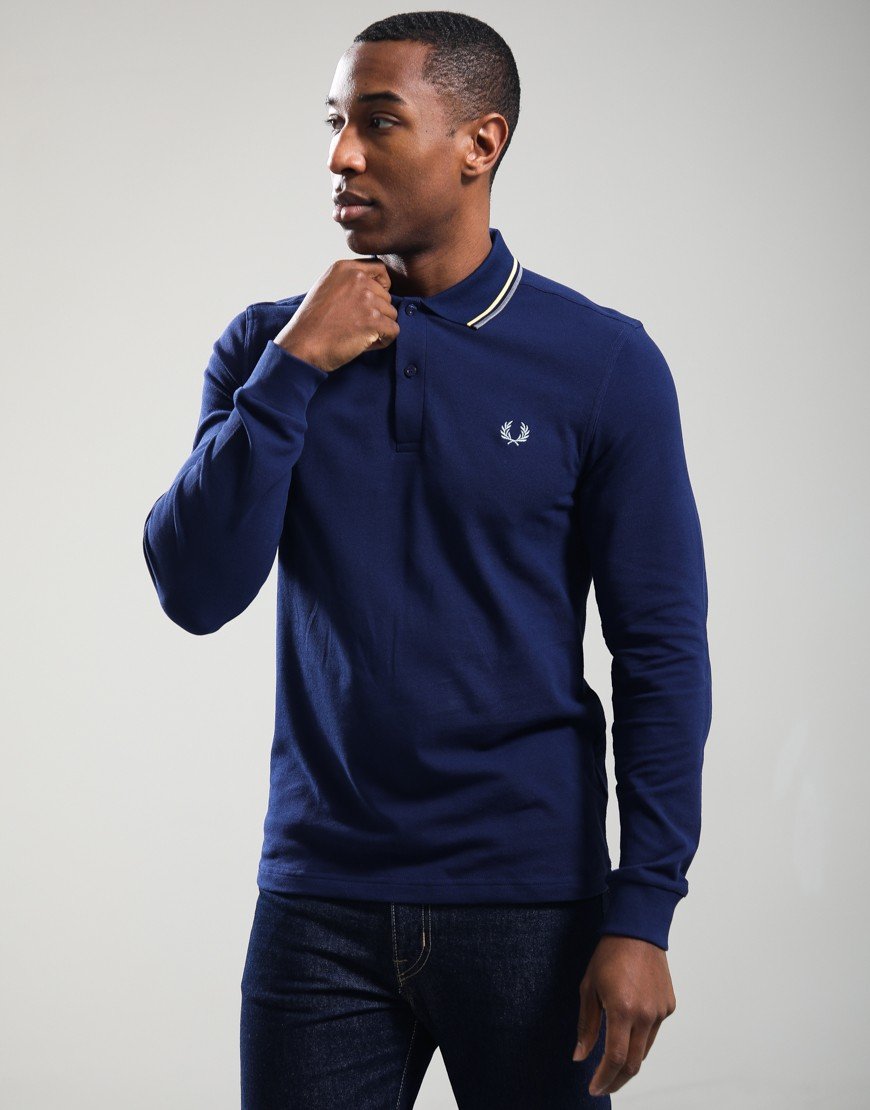 Fred Perry Long Sleeve Twin Tipped Polo Shirt French Navy/Champion Gold/Stockport Blue