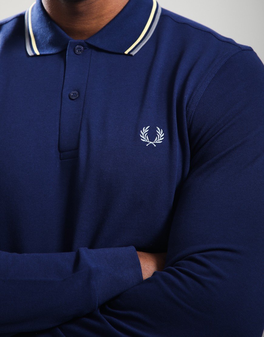 Fred Perry Long Sleeve Twin Tipped Polo Shirt French Navy/Champion Gold/Stockport Blue