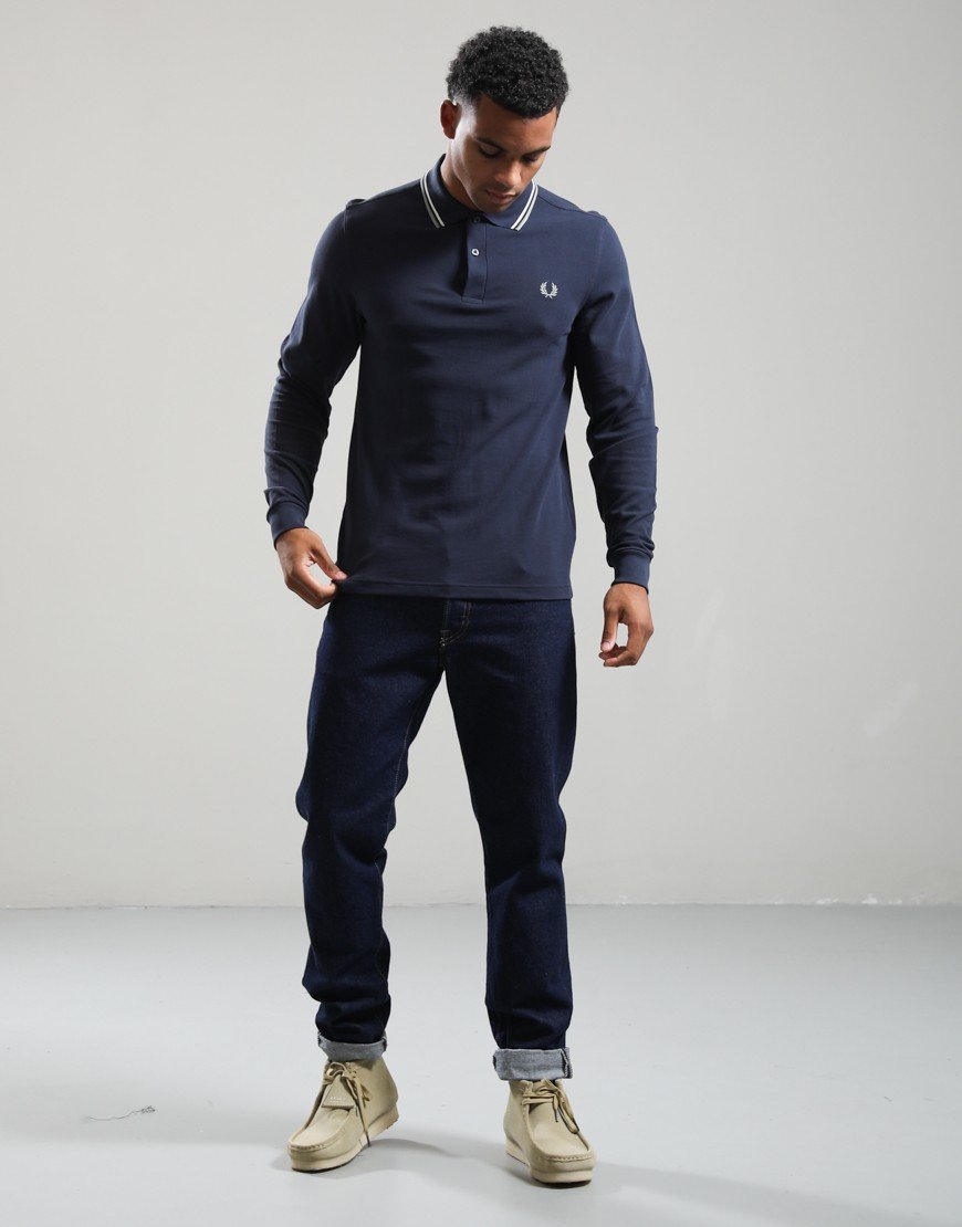 Fred Perry Long Sleeve Twin Tipped Polo Shirt Dark Airforce/Ecru/Seagrass