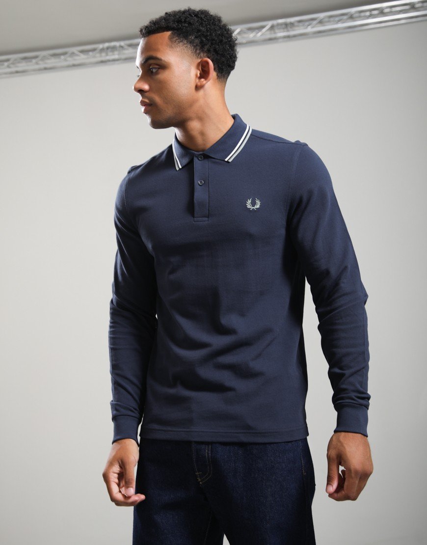 Fred Perry Long Sleeve Twin Tipped Polo Shirt Dark Airforce/Ecru/Seagrass