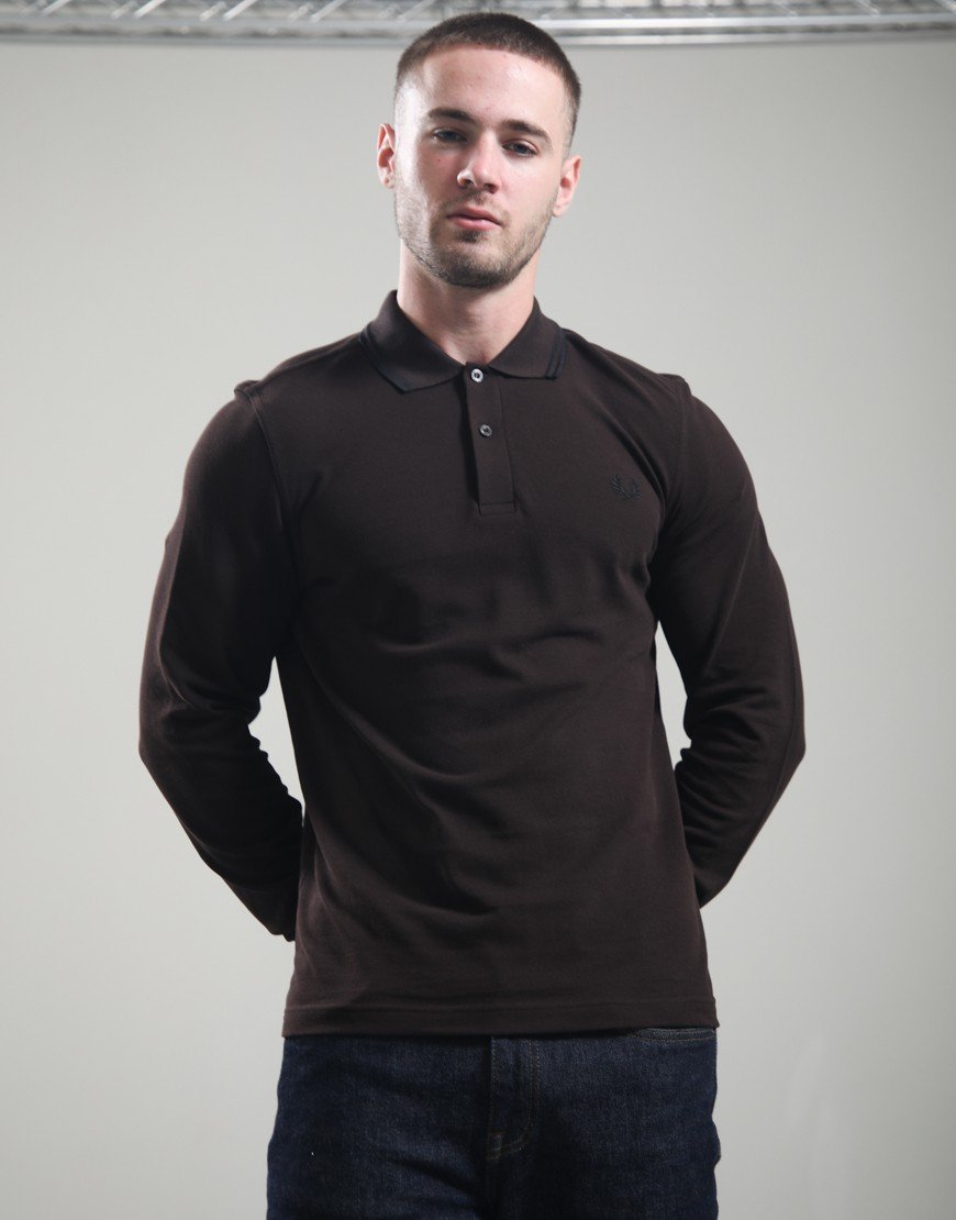 Fred Perry Long Sleeve Twin Tipped Polo Shirt Rich Brown/Black