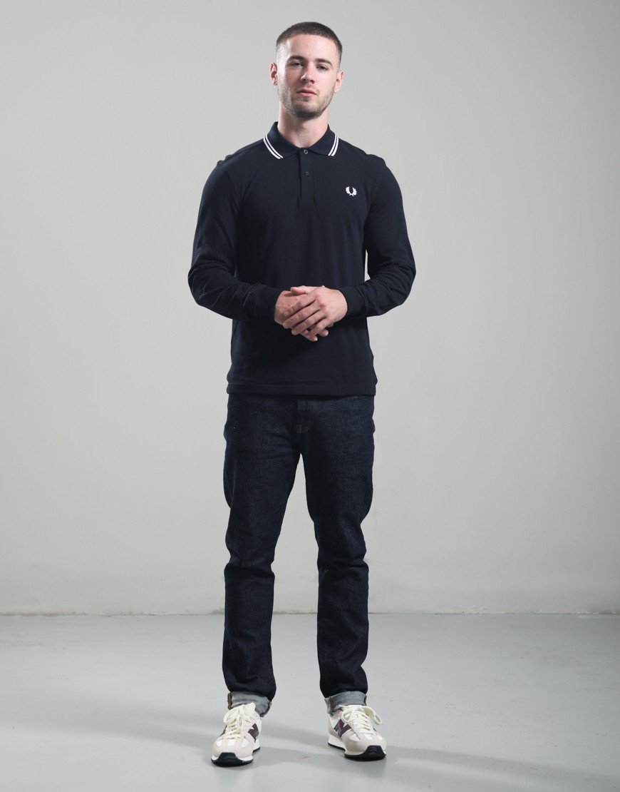 Fred Perry Twin Tipped Long Sleeve Polo Shirt Navy/White