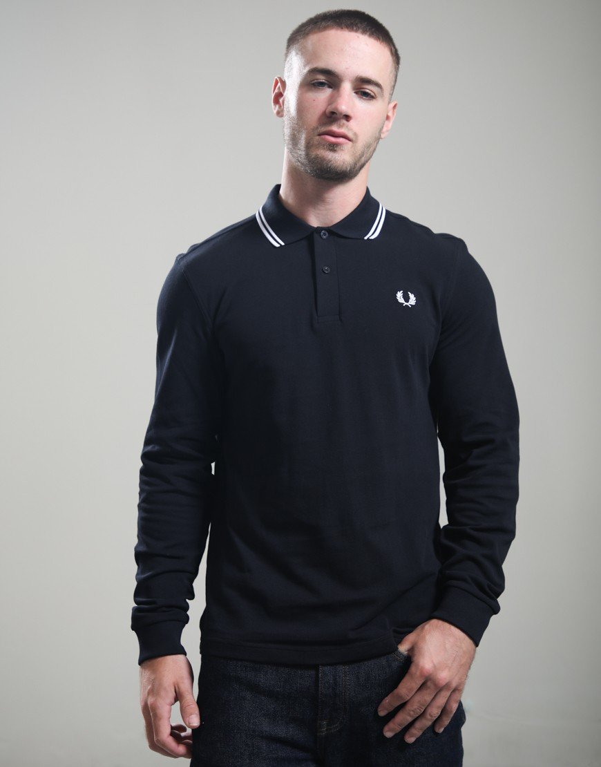 Fred Perry Twin Tipped Long Sleeve Polo Shirt Navy/White