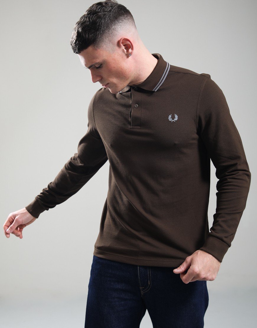 Fred Perry Twin Tipped Long Sleeve Polo Shirt Burnt Tobacco/Stockport Blue