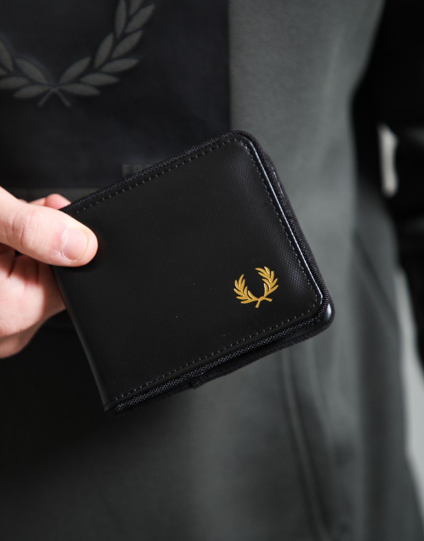 Fred Perry Tonal Coated Polyester Billfold Wallet Black/Gold