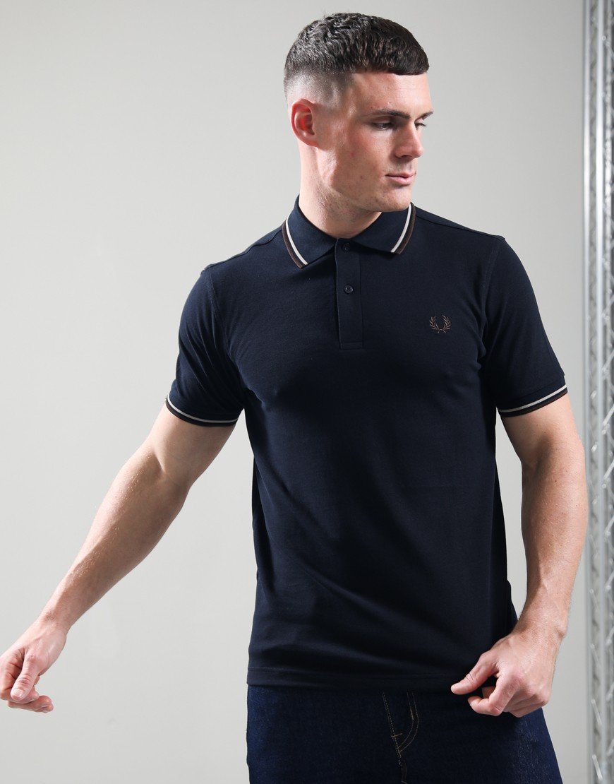 Fred Perry Twin Tipped Polo Shirt Navy/Warm Oatmeal/Burnt Tobacco