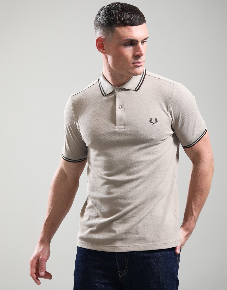 Fred Perry Twin Tipped Polo Shirt Warm Oatmeal/Court Green/Burnt Tobacco
