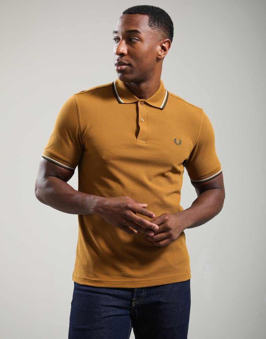 Fred Perry Twin Tipped Polo Shirt Dark Caramel/Dusky Blue/Night Green