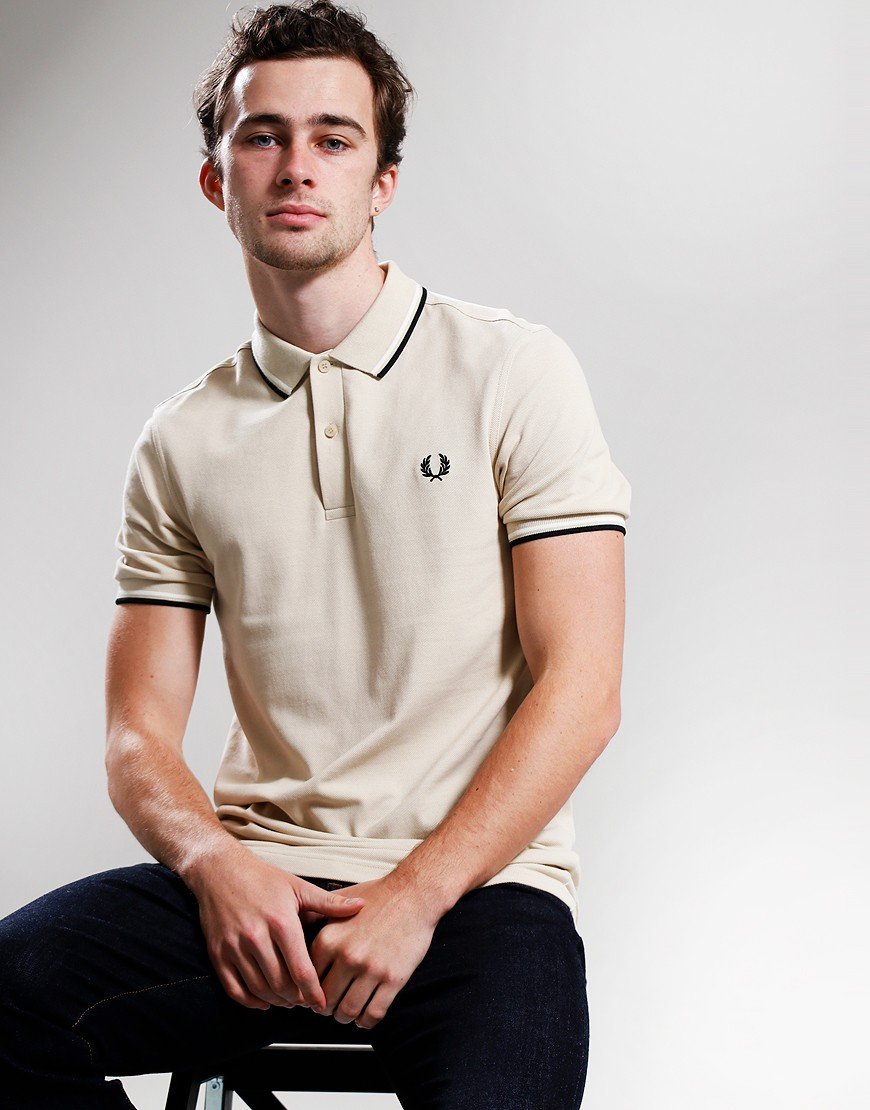 ◇FRED PERRY◇ M12 Twin Tip Fred Perry Shirt Ecru Oatmeal AF Fred Perry Twin Tipped Polo Shirt Oatmeal/Ecru/Black