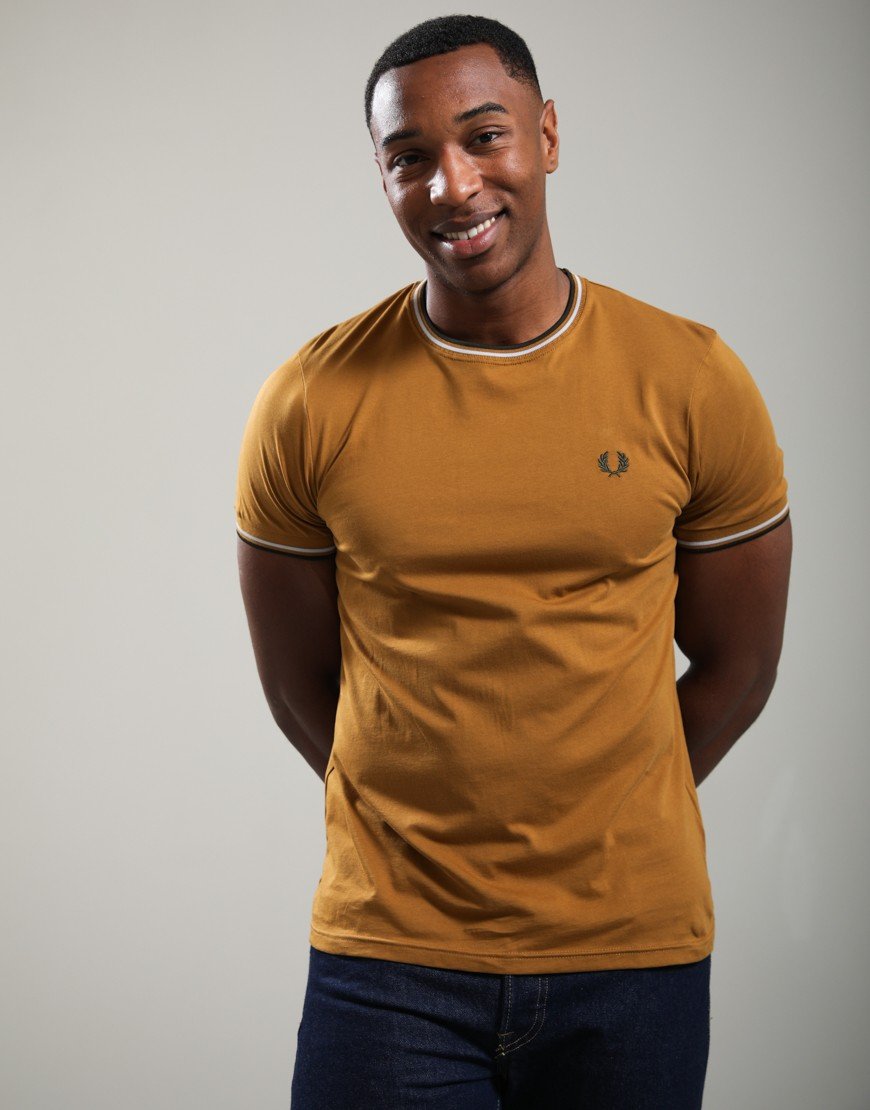 Fred Perry Twin Tipped T-Shirt Dark Caramel/Dusky Blue/Night Green