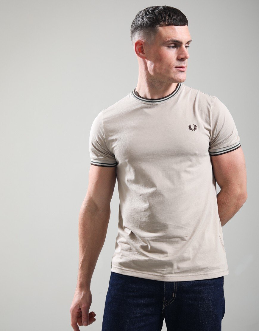 Fred Perry Twin Tipped T-Shirt Warm Oatmeal/Court Green/Burnt Tobacco