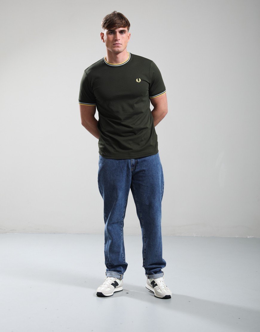 Fred Perry Twin Tipped T-Shirt Hunting Green/Light Ice/Lemon Barley