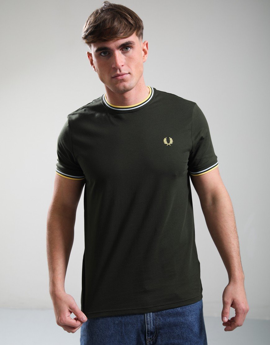 Fred Perry Twin Tipped T-Shirt Hunting Green/Light Ice/Lemon Barley