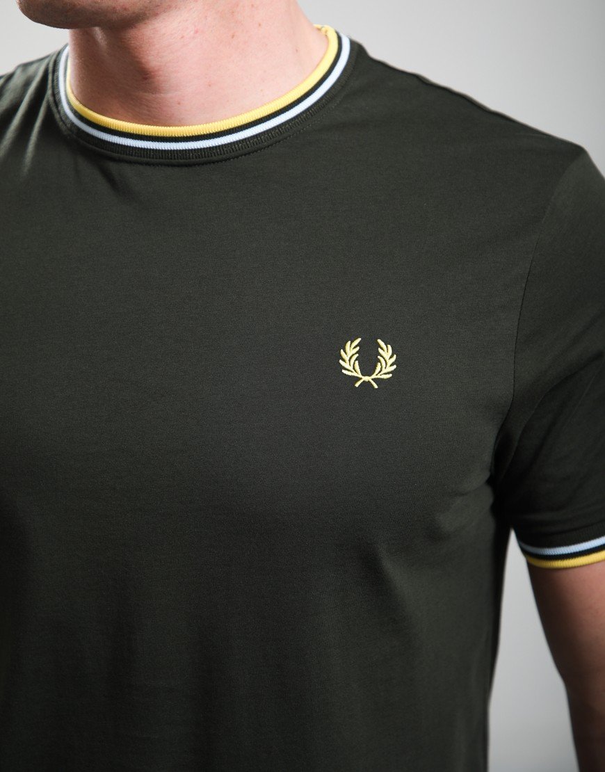 Fred Perry Twin Tipped T-Shirt Hunting Green/Light Ice/Lemon Barley