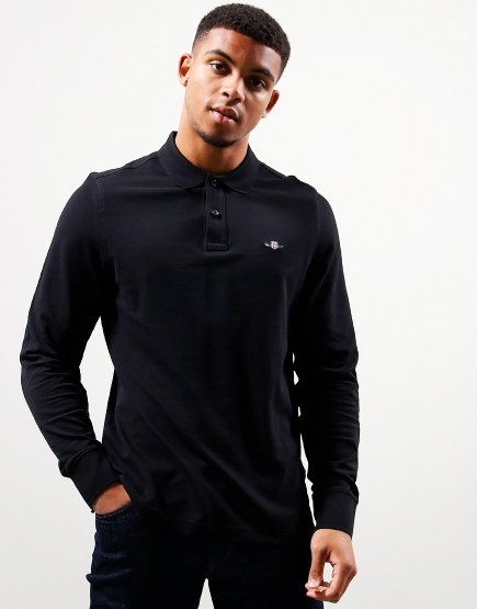 GANT Shield Long Sleeve Pique Polo Shirt Black