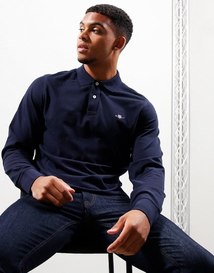 GANT Shield Long Sleeve Pique Polo Shirt Evening Blue
