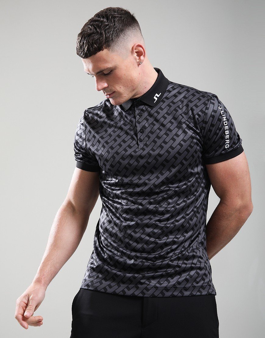 J.Lindeberg Tour Tech Print Polo Shirt Tour Geo Tonal Black