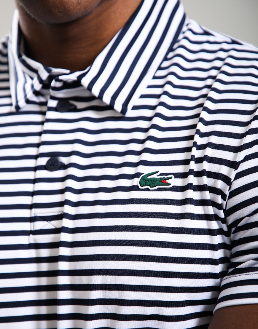Lacoste Striped Golf Polo Shirt Navy Blue/White