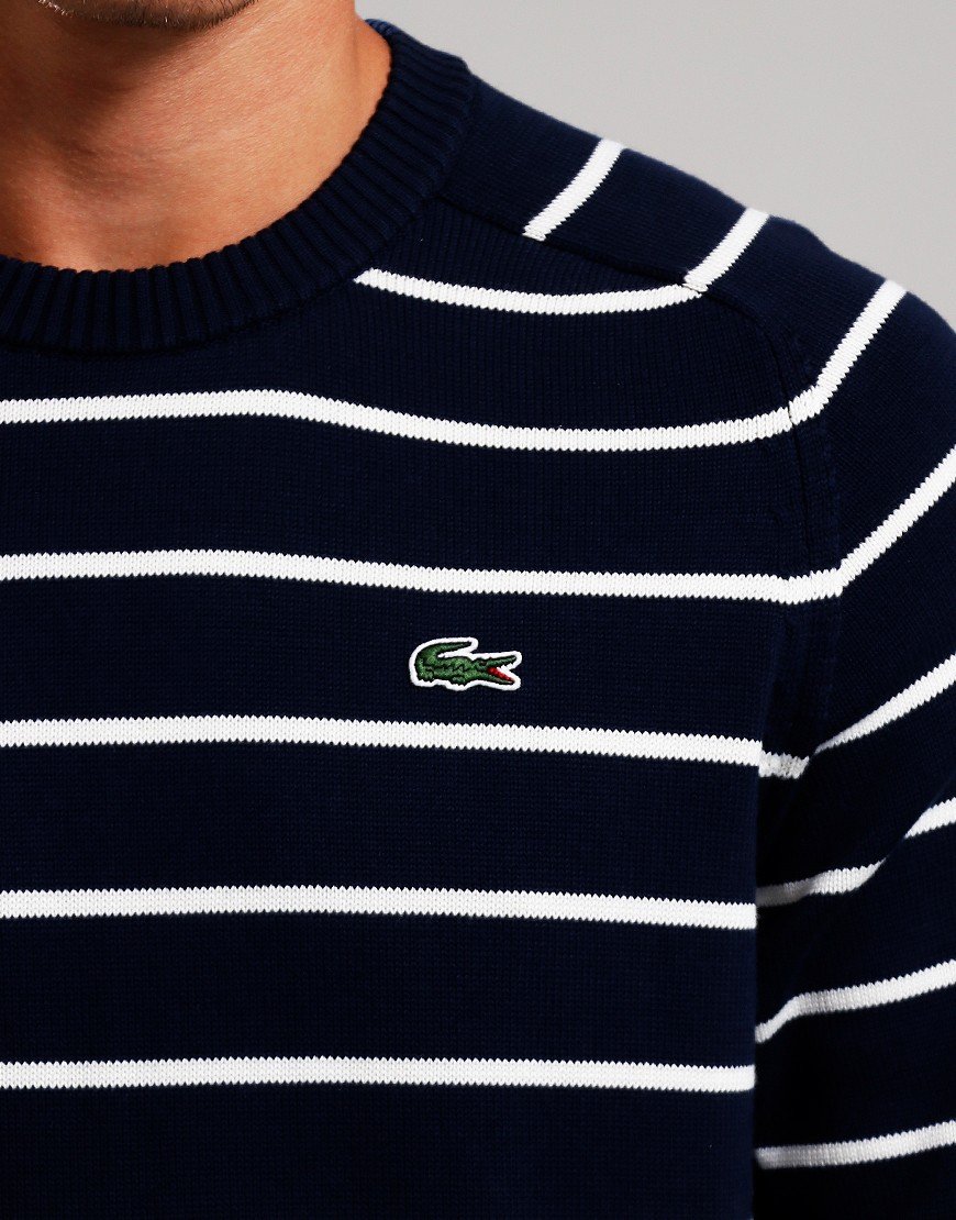 Lacoste Striped Crew Sweat Navy Blue/White