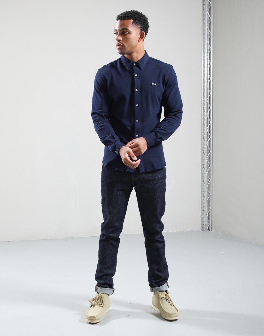 Lacoste Cotton Pique Long Sleeve Shirt Navy Blue