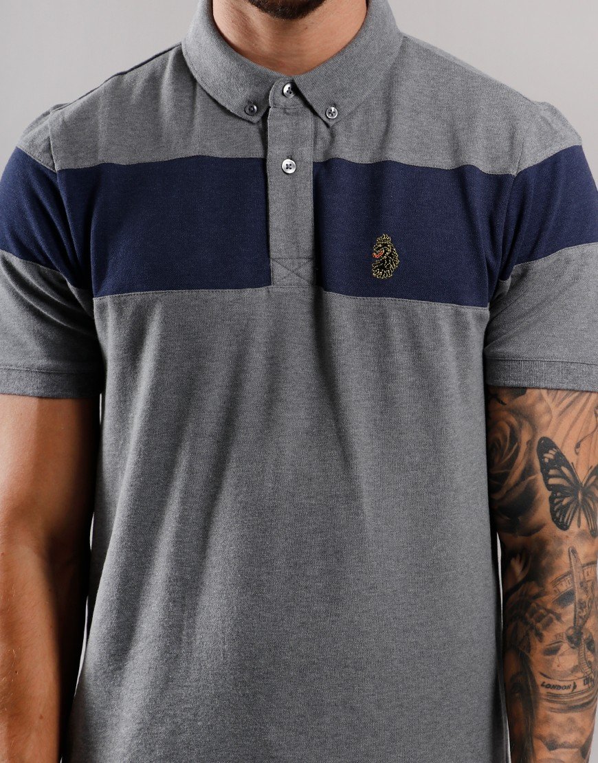Luke 1977 Sharkey Contrast Chest Panel Mid Grey Polo Shirt Collared Top for Men