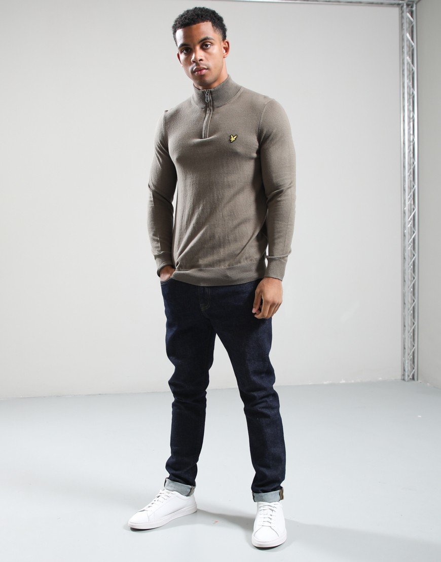 Lyle & Scott Cotton Merino Quarter Zip Knit Khaki Ash