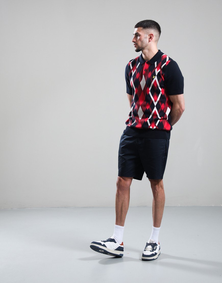 Lyle & Scott Cotton Argyle Knitted Polo Shirt Dark Navy/Cherry