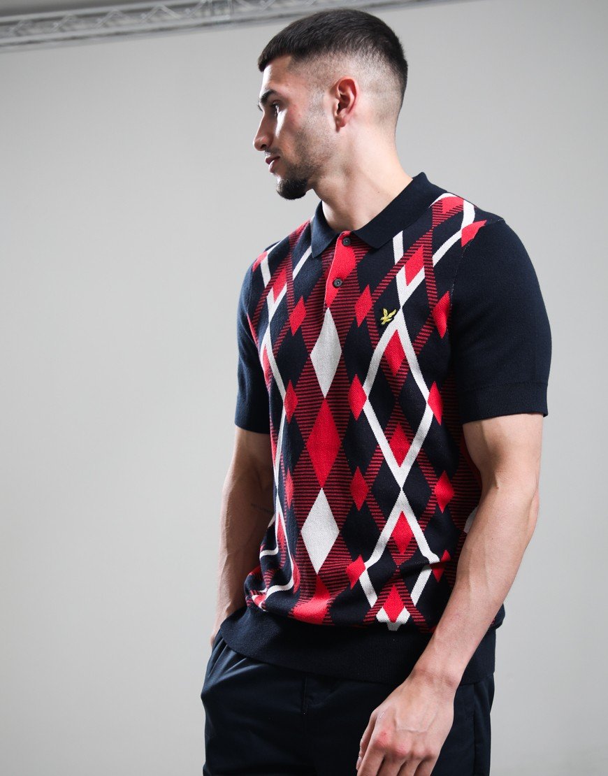 Lyle & Scott Cotton Argyle Knitted Polo Shirt Dark Navy/Cherry