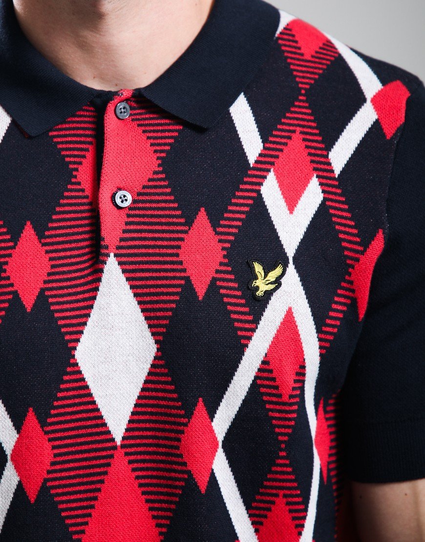 Lyle & Scott Cotton Argyle Knitted Polo Shirt Dark Navy/Cherry