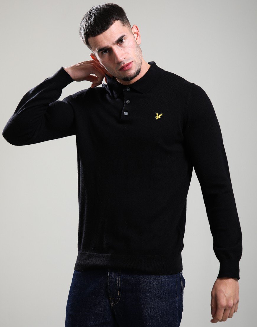 Lyle & Scott Merino Long Sleeve Polo Shirt Jet Black