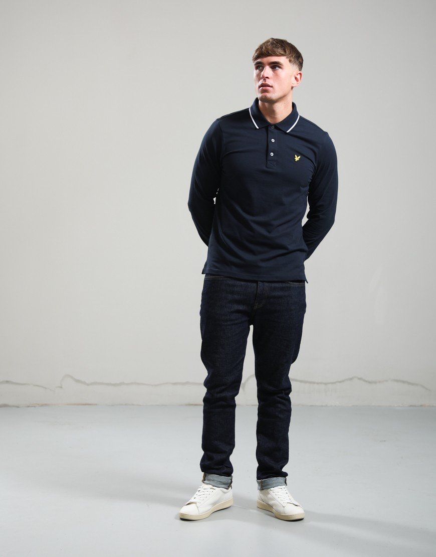 Lyle & Scott Tipped Long Sleeve Polo Shirt Dark Navy/White