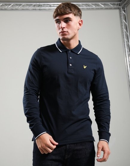 Lyle & Scott Tipped Long Sleeve Polo Shirt Dark Navy/White