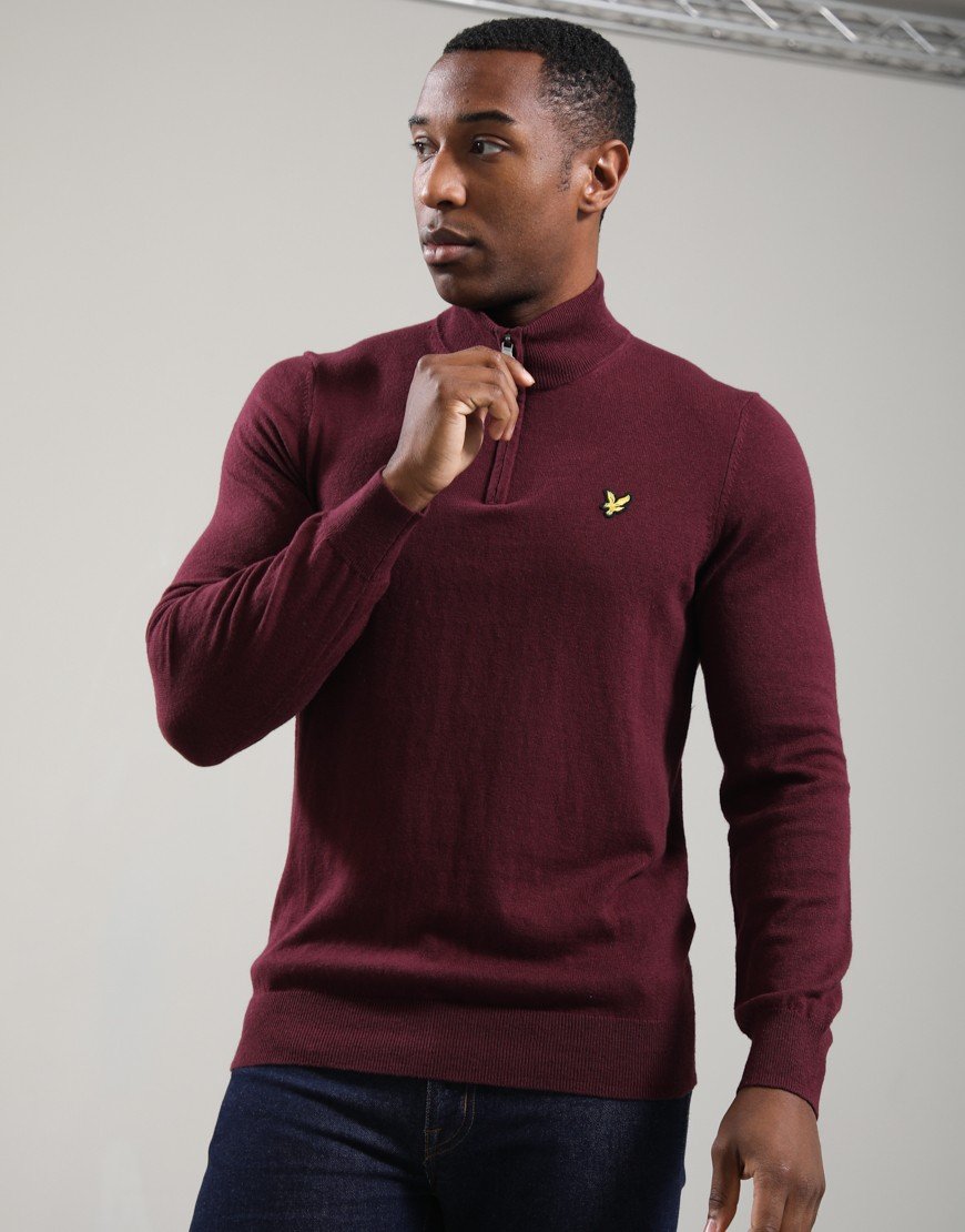 Lyle & Scott Cotton Merino Quarter Zip Jumper Burgundy