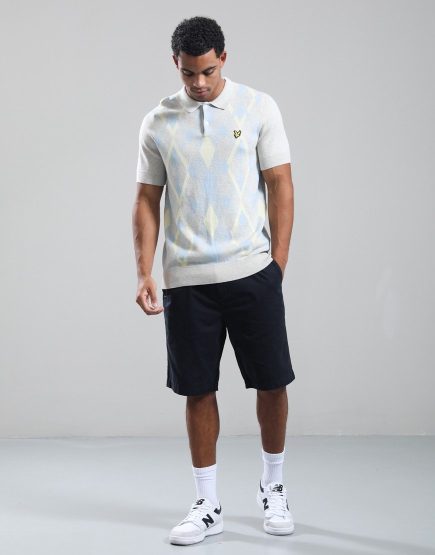 Lyle & Scott Cotton Argyle Knitted Polo Shirt Light Grey/Opal Blue