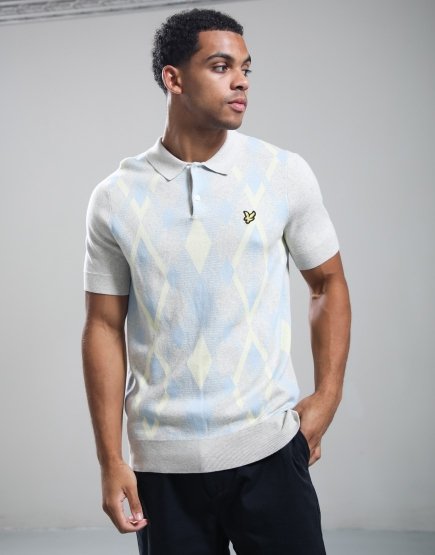 Lyle & Scott Cotton Argyle Knitted Polo Shirt Light Grey/Opal Blue