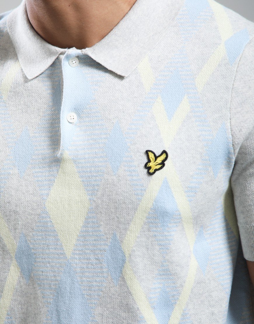 Lyle & Scott Cotton Argyle Knitted Polo Shirt Light Grey/Opal Blue