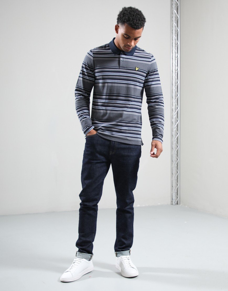 Lyle & Scott Multi Stripe Long Sleeve Polo Shirt Dark Navy