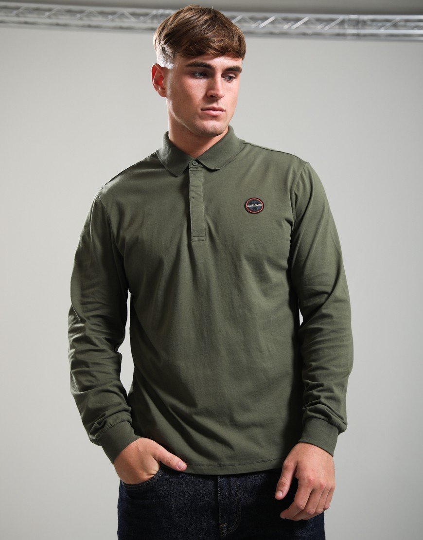 Napapijri E-Badge Long Sleeve Polo Shirt Olive Night G1F