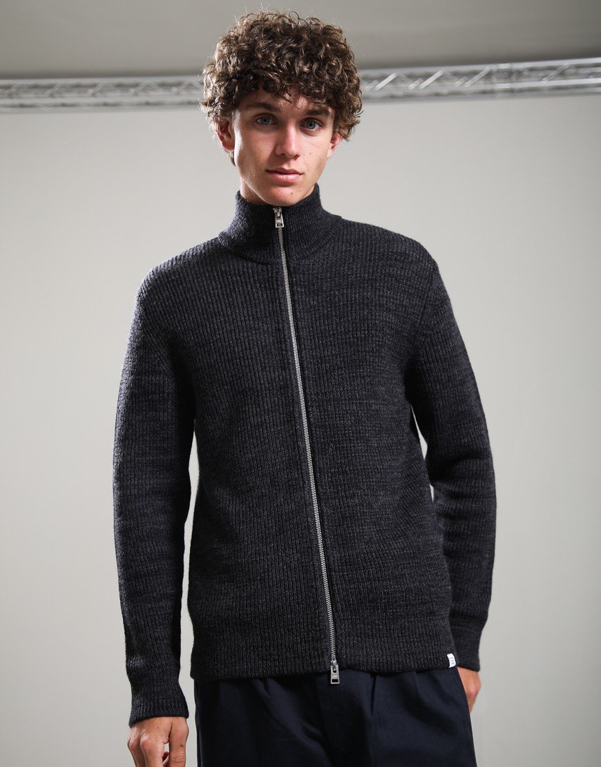 Norse Projects Hagen Wool Cotton Rib Full Zip Knit Dark Grey Melange