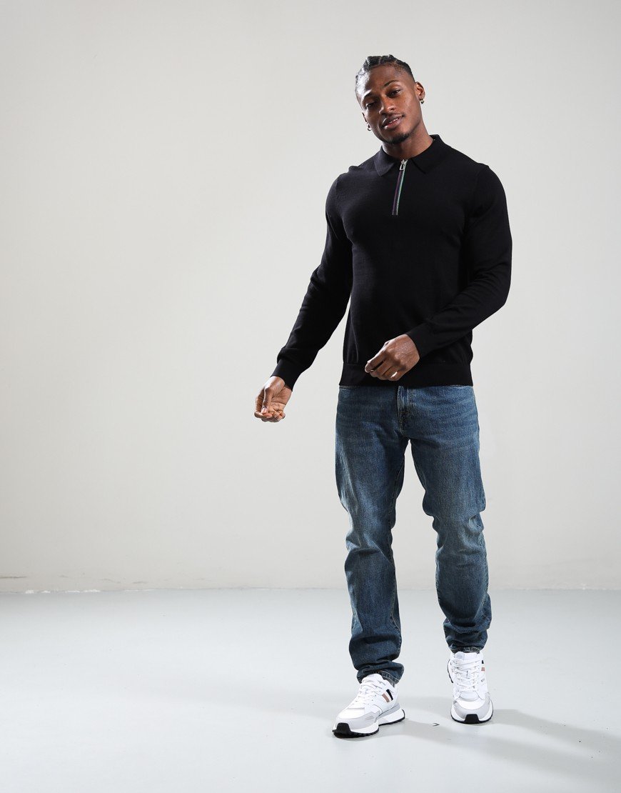 Paul Smith Sports Stripe Zip Neck Long Sleeve Polo Shirt Black