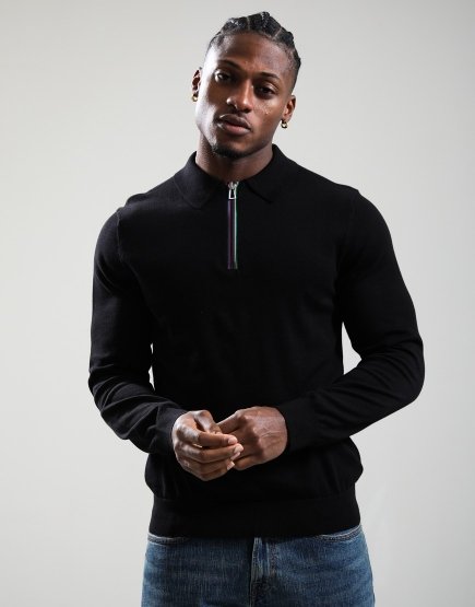 Paul Smith Sports Stripe Zip Neck Long Sleeve Polo Shirt Black